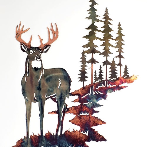 Whitetail Buck Deer W/ Mountain & Trees Metal Wall Art - Etsy
