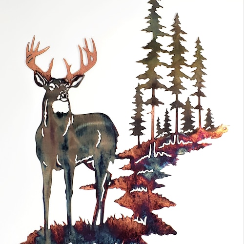 Whitetail Buck Deer W/ Mountain & Trees Metal Wall Art Etsy