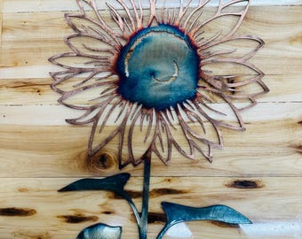 Copper Sunflower Wall Art: Blue Fire Finish, Metal Flower Decor