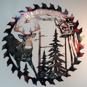 Whitetail Bow Hunter Welcome Sawblade Cut Out  Home Decor Metal Wall Art