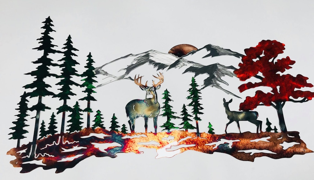 Whitetail Mountain Scene Buck and Doe Northwoods Metal Wall Art - Etsy