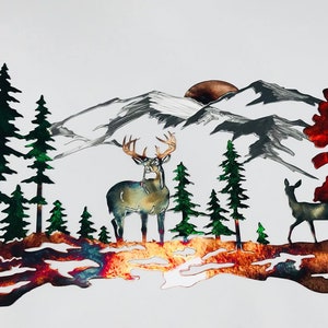 Whitetail Mountain Scene Buck and Doe  Northwoods Metal Wall Art