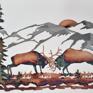 Majestic Morning Elk Scene Rustic Northwoods Metal Wall Art