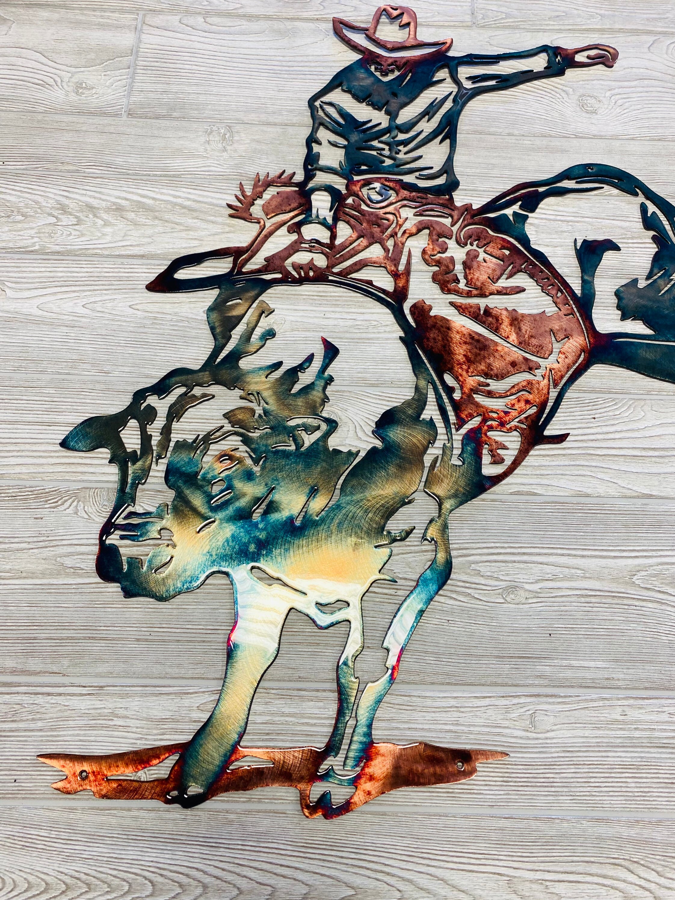 Metal Bull Rider Wall Art: Copper & Blue Fire Finish (34x28 Inches) - Etsy