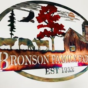 Arte de parede de metal com monograma de cena de fazenda personalizada para decoração de casa