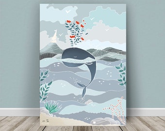 Whale illustration poster on seabed to print