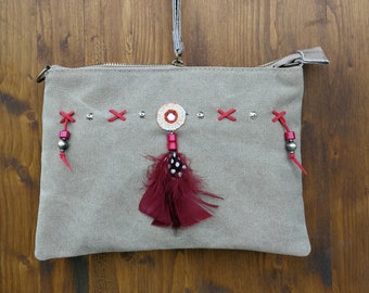 Fabric crossbody bag, bohemian style with red feather