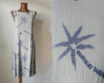 Grey and blue sleeveless below the knee dress, handmade in Bali in the 1990s