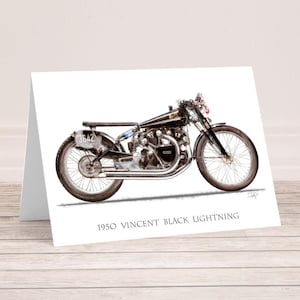 1950 Vincent Black Lightning, 5&quot;x 7&quot; Card. Birthday, Christmas, Anniversary, Wedding. Gift, dad, husband, boyfriend, Groom, motorcycle art.