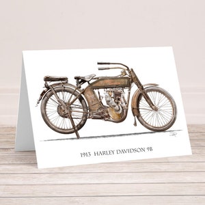 1913 Harley Davidson, tarjeta de 5 "x 7". Cumpleaños, aniversario, arte de la motocicleta, regalo de motocicleta, papá, hermano, boda, garaje, oficina, decoración.