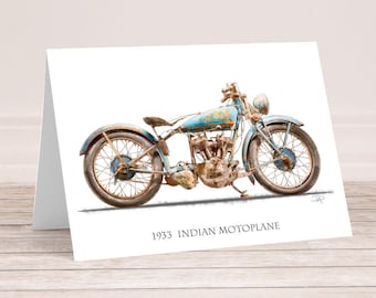 1933 Indian Motoplane, 5"x 7" Card, Motorcycle art, Father's Day gift husband, dad, Boyfriend, garage art, office, Unique Home Decor,vintage