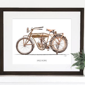 1912 Pope 8.5&quot;x11&quot;. Birthday, anniversary, Motorcycle art, husband, dad, brother, groom, wedding, garage, office, nursery, unique decor.