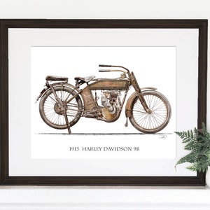 1913 9b Harley Davidson 8.5&quot;x11&quot;. Birthday, anniversary, Motorcycle art, Motorcycle gift, dad, brother, wedding, garage, office, decor.