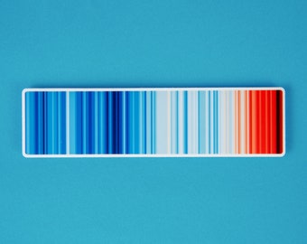 May include: A white rectangular sticker with a colourful temperature scale. The scale shows a range of colours from blue to red, representing different temperatures.