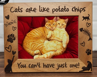 May include: A wooden picture frame with the text "Cats are like potato chips You can't have just one!" and a photo of two orange tabby cats cuddling. The frame is decorated with paw prints, hearts, and a fish bone.