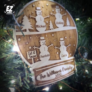 Custom Family Christmas Ornament | Snow Globe with Snowman | Personalized | Merry Christmas or Happy Holidays |  Trees with Let it Snow sign