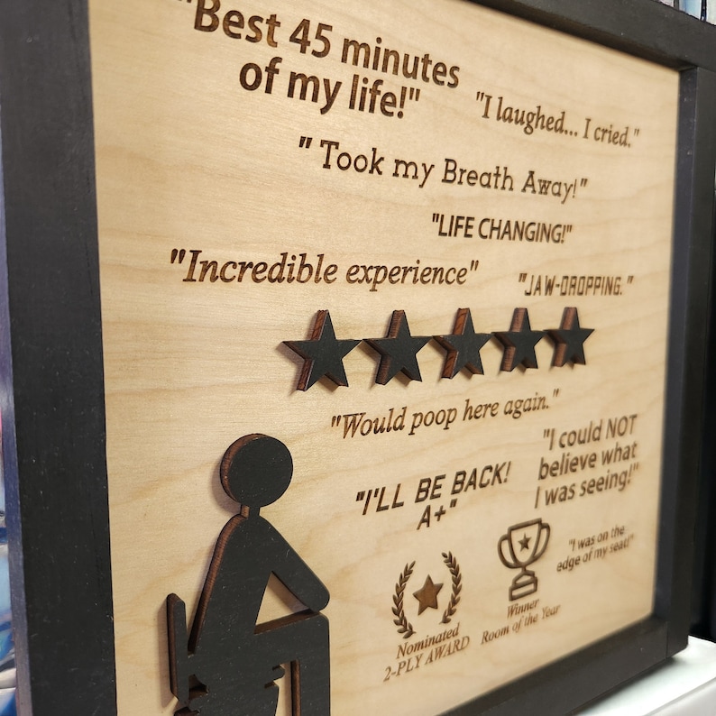 Would Poop Here Again Framed 5 Star | 3d Wood Wall Sign | Funny Bathroom Sign | Satire | Bathroom Humor | Funny Gift image 7