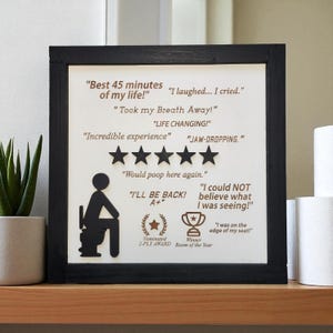 Would Poop Here Again Framed 5 Star | 3d Wood Wall Sign | Funny Bathroom Sign | Satire | Bathroom Humor | Funny Gift image 1