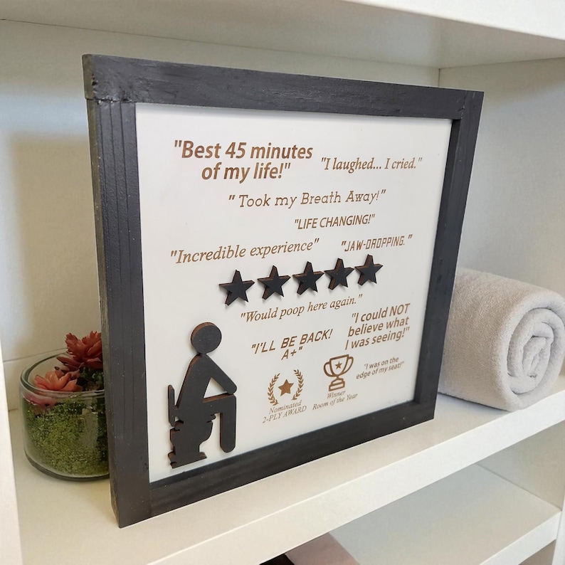Would Poop Here Again Framed 5 Star | 3d Wood Wall Sign | Funny Bathroom Sign | Satire | Bathroom Humor | Funny Gift image 3