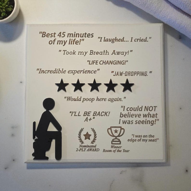 5 Star Would Poop Here Again | 3d Wood Wall Sign | Funny Bathroom Sign | Satire | Bathroom Humor | Funny Gift | Satire Gift image 1