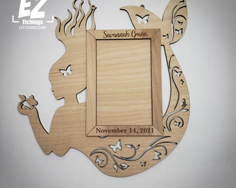 Custom Mermaid with butterflies etched picture frame Natural Wood | 4x6 5x7 Frame Natural Wood | *Comes Assembled*