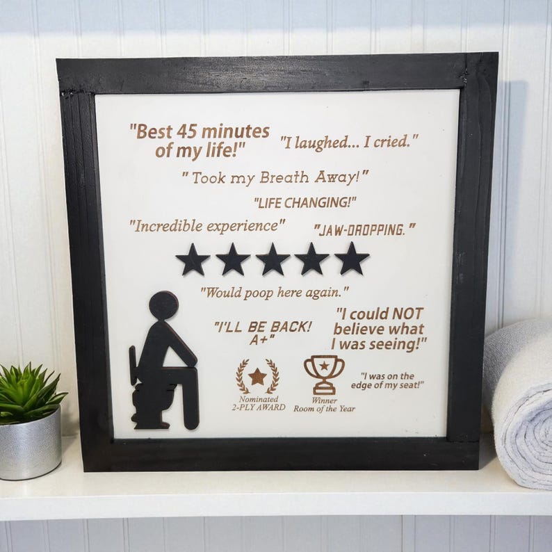 Would Poop Here Again Framed 5 Star | 3d Wood Wall Sign | Funny Bathroom Sign | Satire | Bathroom Humor | Funny Gift Painted White