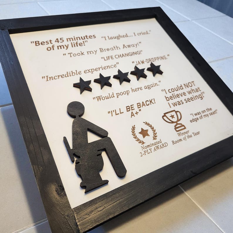 Would Poop Here Again Framed 5 Star | 3d Wood Wall Sign | Funny Bathroom Sign | Satire | Bathroom Humor | Funny Gift image 4