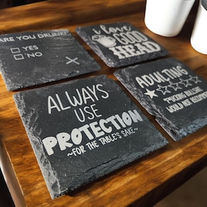 Funny Slate Coasters with Adult Humor - Gag Gift for Friends, Unique Housewarming Party Present, Quirky Barware Accessory