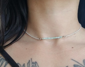 Amazonite Sterling Silver Plated Choker, Dainty Necklace, Green Stone, Aqua Gemstone, Reiki Charged