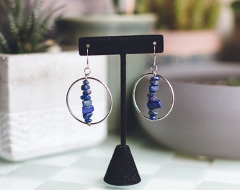 Lapis Lazuli Chip Hoop Earrings, Indigo Stone, Blue Crystal, Witchy, Boho, Gift For Her, Reiki Charged