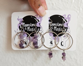 Amethyst Chip Small Hoop Dangle Earrings 2 Bundle, Purple Stone, Purple Crystal, Witchy, Boho, Gift For Her, Reiki Charged