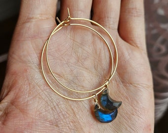 Crescent Moon Labradorite 14K Gold Filled Big Hoop Earrings 35mm, Dainty, Minimalist, Boho, Witchy, Gift For Her, Reiki Infused