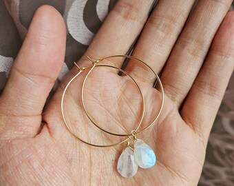 Teardrop Moonstone 14K Gold Filled Big Hoop Earrings 35mm, Dainty, Minimalist, Boho, Witchy, Gift For Her, Reiki Infused