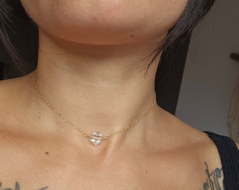 Herkimer Clear Quartz 14K Gold Filled Cable Chain Choker, Dainty, Minimalist, Boho, Witchy, Gift For Her, Reiki Infused