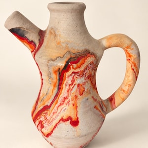 Vintage Nemadji Pottery Pitcher, Hand-Marbled Orange Red Rust Clay