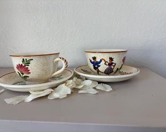 Conjunto de 4 xícaras e pires de chá vintage estilo camponês alpino | Pintados à mão na Alemanha | Estilo rústico de casa de campo | Década de 1970