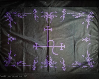 May include: A black flag with a purple cross and floral design. The cross has a circle at the center with a symbol inside. The text "Goetic Impressions LLC" is at the bottom of the flag.