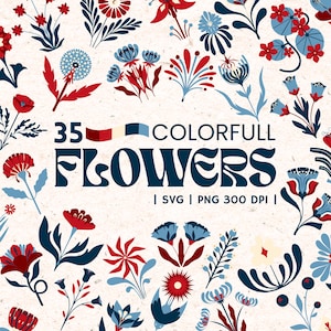 Pack 35 items Scandinavian Folk Floral Clipart, Nordic Folk Flowers, Retro Elements, Mid Century Style, PNG SVG, Decorative Floral Set