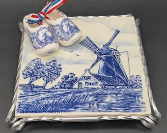 Vintage Delft Tile Trivet w/ Stand and Miniature Clogs Hand Painted Blue & White