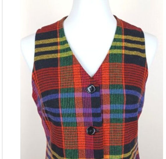 Womens Vintage Colorful Plaid Vest Wool Blend Tai… - image 2