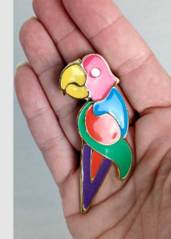 Vintage Parrot Bird Brooch Pin Colorful Enamel 80… - image 7