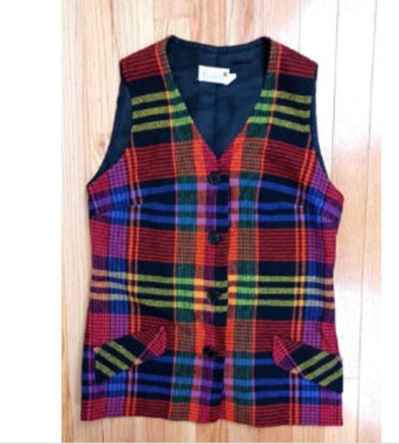 Womens Vintage Colorful Plaid Vest Wool Blend Tai… - image 7