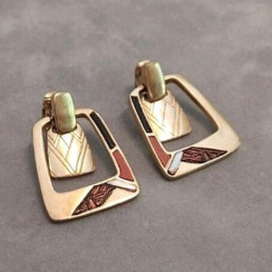 Vintage 70's Earrings Door Knocker Brass Mixed Metals Geometric