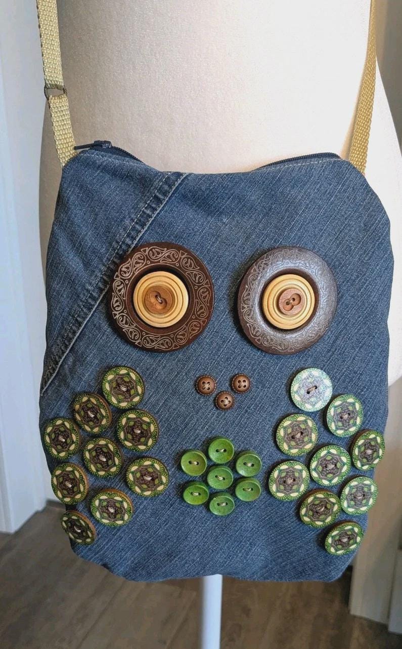 Vintage Owl Denim Purse with Button Embellishments &ndash; Handmade in USA