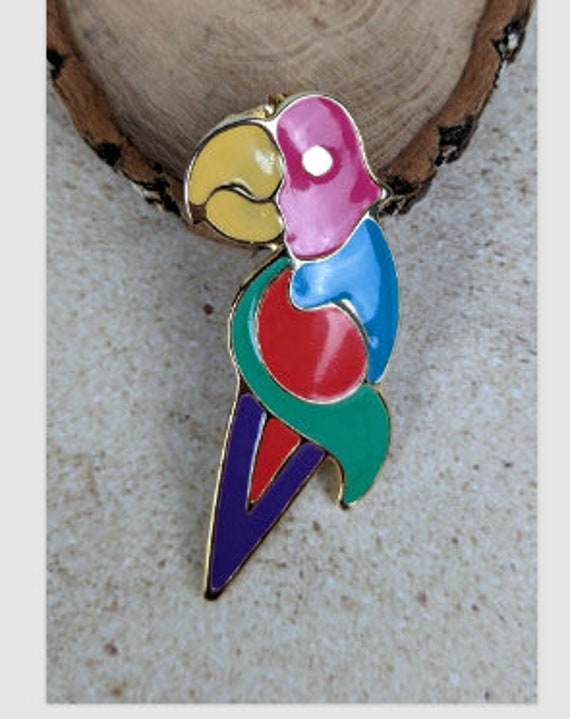Vintage Parrot Bird Brooch Pin Colorful Enamel 80… - image 3