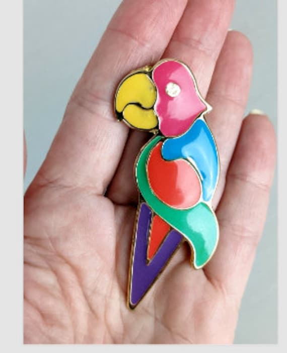 Vintage Parrot Bird Brooch Pin Colorful Enamel 80… - image 1