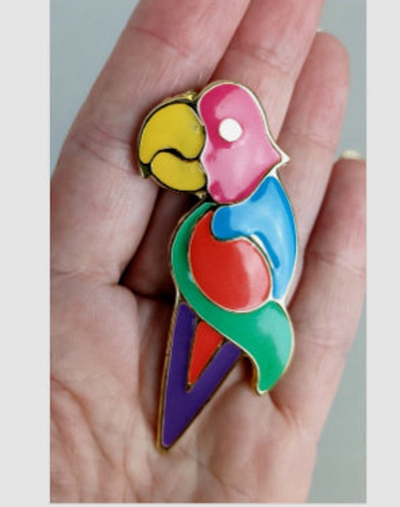 Vintage Parrot Bird Brooch Pin Colorful Enamel 80… - image 4