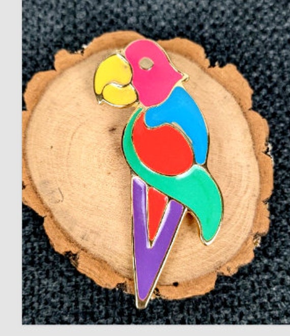 Vintage Parrot Bird Brooch Pin Colorful Enamel 80… - image 2