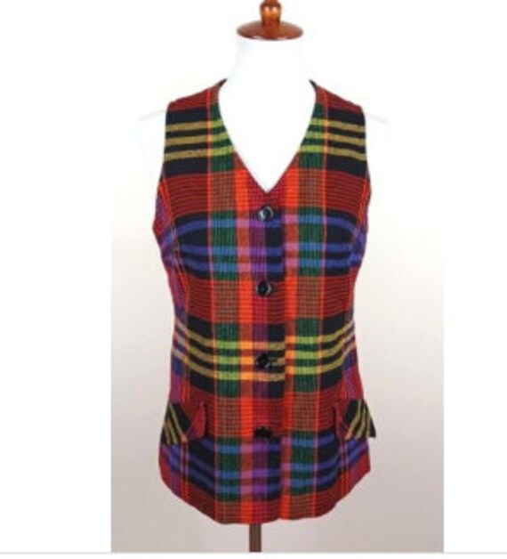 Womens Vintage Colorful Plaid Vest Wool Blend Tai… - image 1