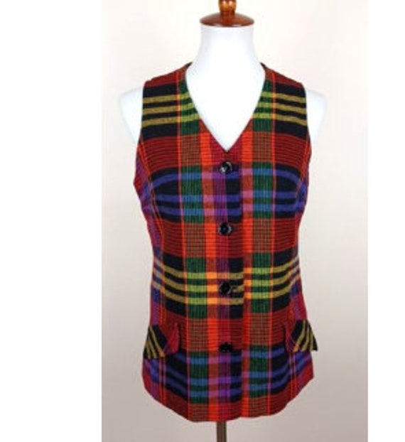 Womens Vintage Colorful Plaid Vest Wool Blend Tai… - image 8